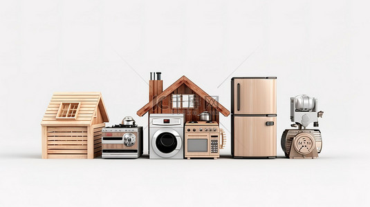 冰箱电器背景图片_白色背景上带有一组家用电器的木屋轮廓的 3D 渲染