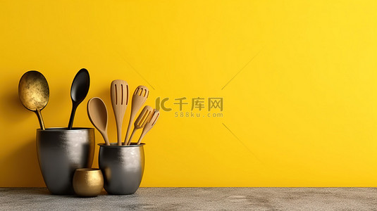文本装饰背景图片_黄色混凝土墙纹理背景，配有厨房用具和文本 3D 渲染的复制空间
