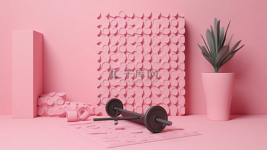 粉红色方形讲台上有健身器材的 3D 渲染插图