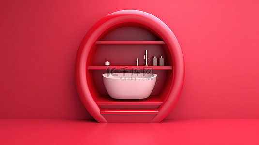 单色背景下浴室必需品浴缸厕所和衣柜的红色 3D 图标