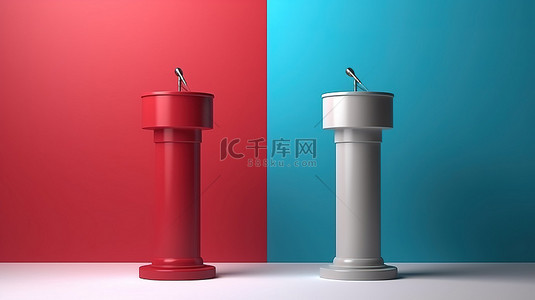 新闻发布会红色背景图片_带麦克风的论坛台上红色和蓝色扬声器讲台的独立 3D 渲染