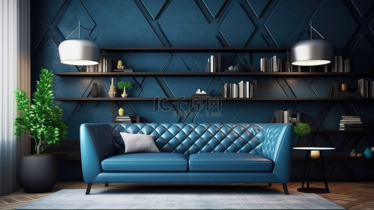 现代休息室配有海军蓝色沙发，面朝时尚的皮革墙柜和搁架 3D 渲染