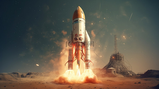 火箭图形背景图片_火箭翱翔天空一家初创公司雄心勃勃的愿景 3D 渲染