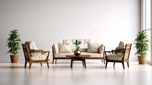 椅子单人沙发背景图片_3D 渲染的客厅配有咖啡桌和三把单人椅子