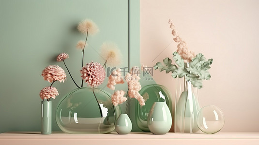 高架 3D 演示玻璃花瓶鲜花和装饰花瓶在柔和的绿色和米色背景下
