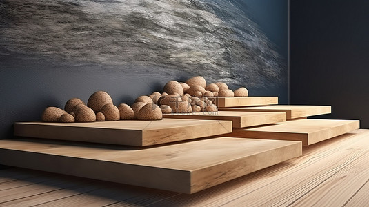 产品显示背景图片_3d 渲染显示中的阶梯石和木质背景