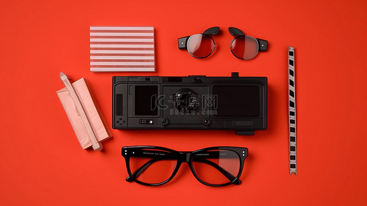 制作电影背景图片_红色背景顶视图与电影拍板 3D 眼镜和录像带