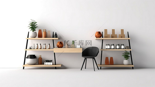 产品下架背景图片_白色背景下零售店货架和桌子的 3D 渲染