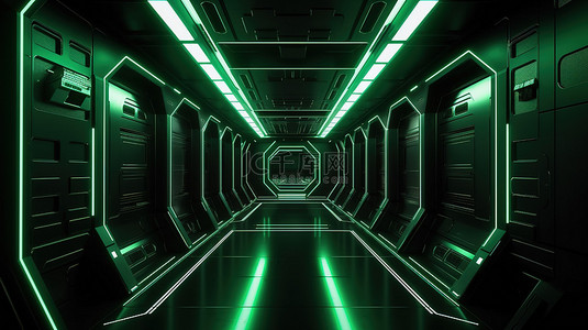 黑色背景下 3D 渲染宇宙飞船的科幻插图发光的绿色霓虹灯走廊