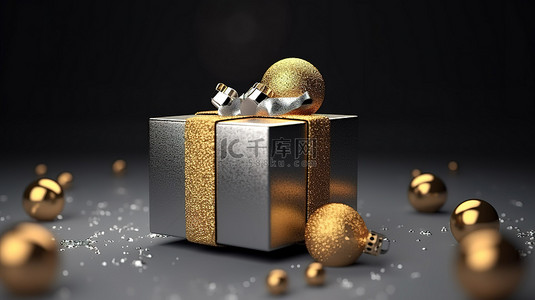 金色圣诞礼物背景图片_金色圣诞礼物盒，带有 3D 渲染悬挂装饰品