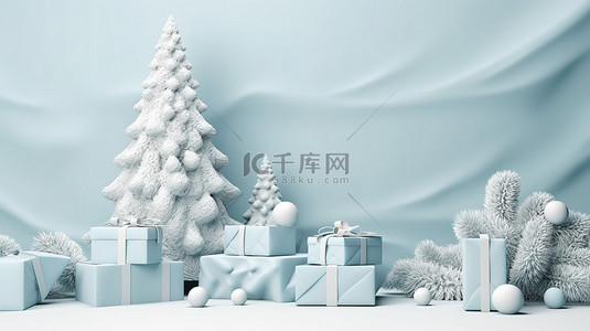 柔和的蓝色讲台上的冬季仙境礼物和松树装饰 3D 渲染