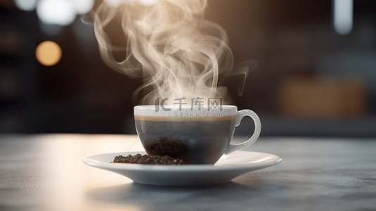 烟熏咖啡杯和巧克力 3d 在舒适的咖啡馆或办公室环境中渲染