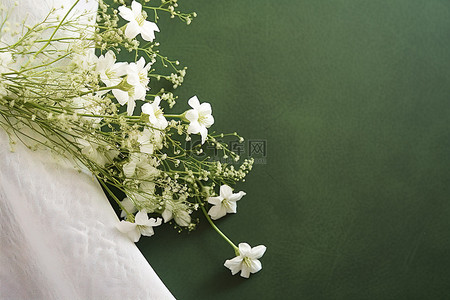 白色的花朵，绿色的纸包裹在绿色的床单上