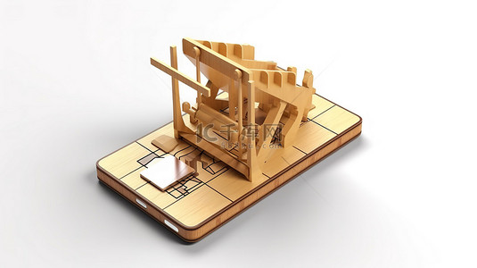 负担得起的通信问题木制捕鼠器在白色背景 3D 渲染上持有手机 SIM 卡