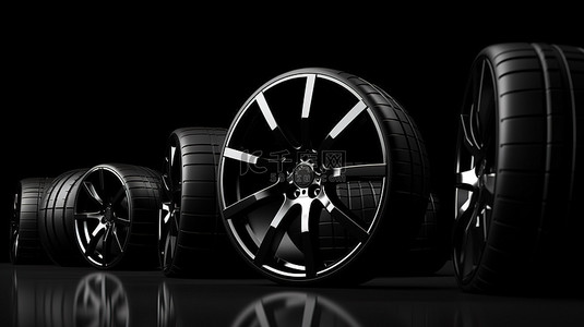 时尚深色背景背景图片_深色背景上黑色轮子的时尚 3D 渲染