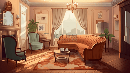 家居背景欧式背景图片_客厅沙发欧式风格卡通背景