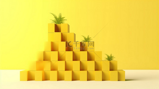 渐进式业务增长立方体以阶梯形式堆叠在黄色背景 3d 上，以全景呈现