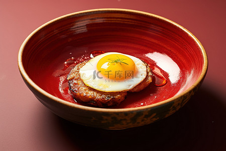 红色食品背景图片_食物放在蛋黄旁边的红色碗里