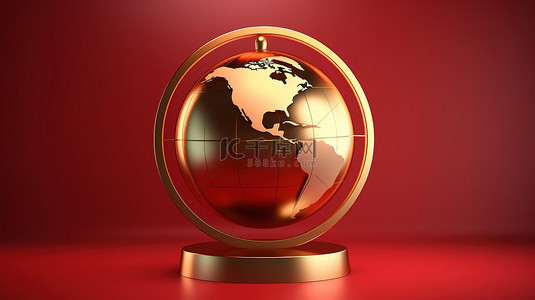 金色板背景图片_红色和金色板上的金色美国地球图标 3D 渲染符号