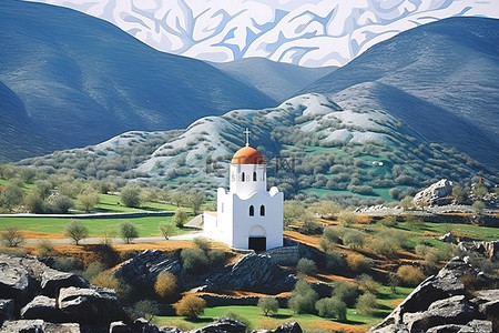 山坡山坡背景图片_山和山坡旁边的白色教堂