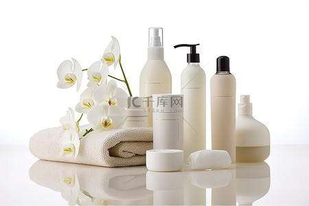 白色产品和鲜花的护发瓶