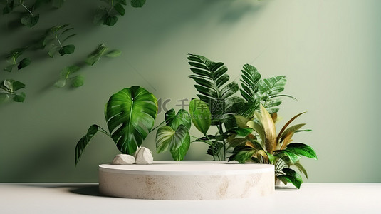 制服展示背景图片_以植物为特色的天然绿色讲台的 3D 渲染