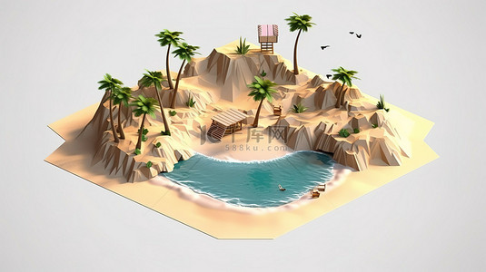 海洋旅行背景图片_3D 等距海滩景观与棕榈树和海洋孤立地形