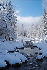 水墨风景山群背景图片_河里被雪覆盖了，还有一群树
