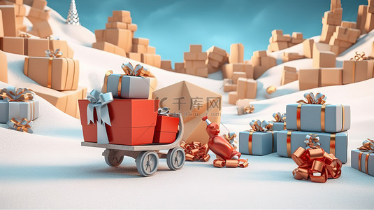 多款礼盒背景图片_以雪橇和多个礼品盒为特色的节日圣诞节场景的 3D 诠释