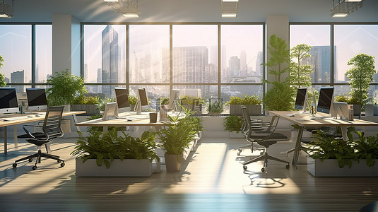 生态友好的工作区 3d 房间配有办公桌电脑植物和自然光