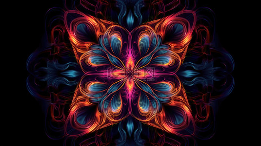 对称的背景图片_霓虹灯颜色的对称万花筒花卉装饰品 4k uhd 3d 抽象视觉背景插图