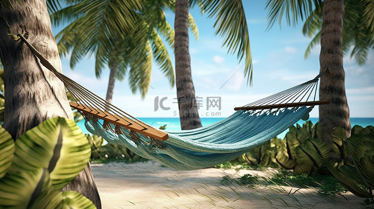 热带天堂沙滩上棕榈框吊床的 3D 渲染