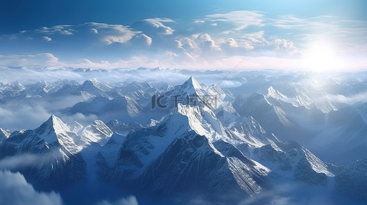 天空和云彩背景下雄伟雪山山峰的 3D 插图