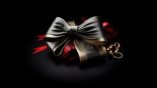 促销标签背景图片_节日 3D 圣诞节标签，黑色背景上带有丝带和蝴蝶结