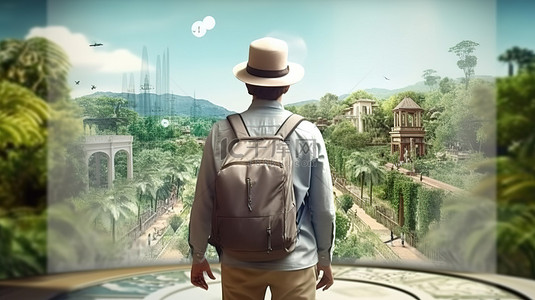 男子从后面使用数字旅游板促进旅游业 3D 插图