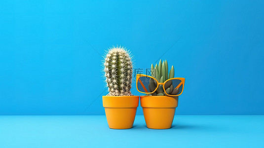 植物多肉背景背景图片_仙人掌盆栽，配有 3D 眼镜，背景为经典蓝色