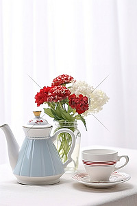 茶咖啡壶背景图片_白桌上的咖啡壶和一杯茶