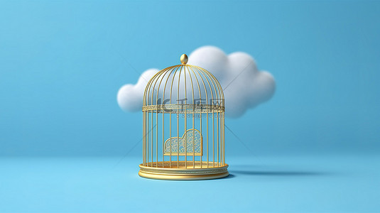 金色的笼子在数字创建的宁静的蓝色背景上托着一朵浮云