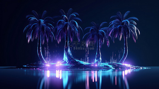 花卉夏季背景图片_闪亮的赛博朋克派对以三棵 3D 渲染的棕榈树为特色
