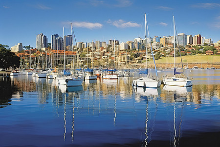 公路澳大利亚背景图片_大水域停靠着小船和大型城市建筑