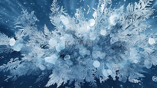 令人惊叹的冬季景观，具有闪闪发光的蓝色纹理和降雪 3D 插图渲染