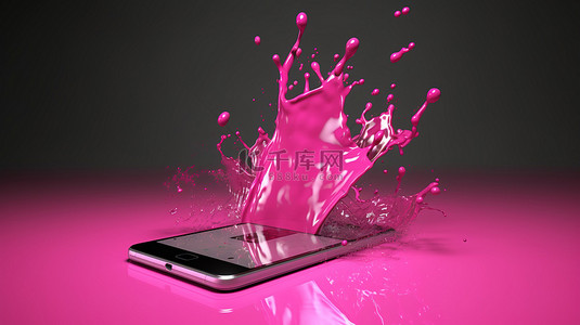手主题背景图片_粉红色液体溅在 3d 渲染的智能手机上，以粉红色为主题的图像