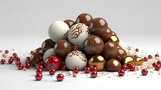 各种令人愉快的巧克力球和可爱的巧克力堆高 3D 渲染