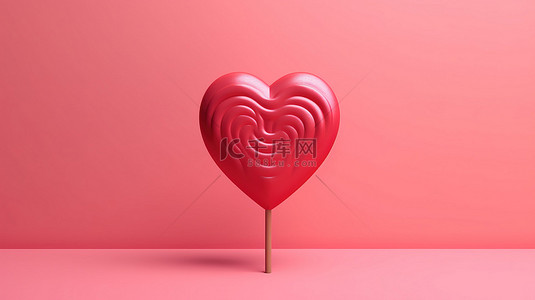 红色简约礼物背景图片_情人节糖果在柔和的粉红色背景上引人注目的红色心形棒棒糖，以简约的 3D 渲染概念化