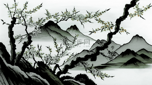 水墨山林背景背景图片_中国风水墨梅树山林背景