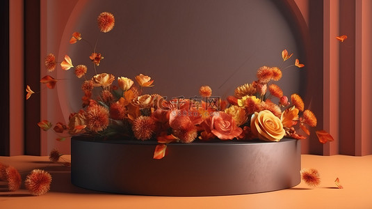 金色和橙色的花束装饰着秋季背景中的 3D 圆形舞台，非常适合展示概念