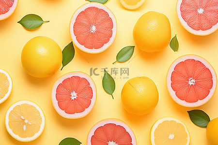 橙柠檬背景图片_黄色背景中的许多葡萄柚橙子和柠檬