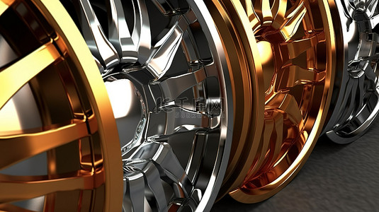 各种风格背景图片_各种风格的 3D 渲染的闪闪发光的镀铬和金色汽车轮圈