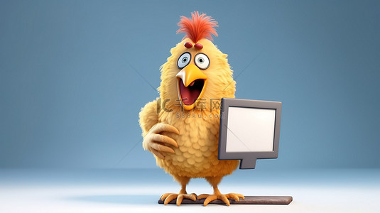 矢量鸽子标志背景图片_搞笑的 3D 鸡角色展示标志和迷你电视