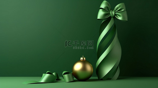 圣诞节绿背景图片_圣诞装饰绿丝带和树形装饰品的简约 3D 渲染